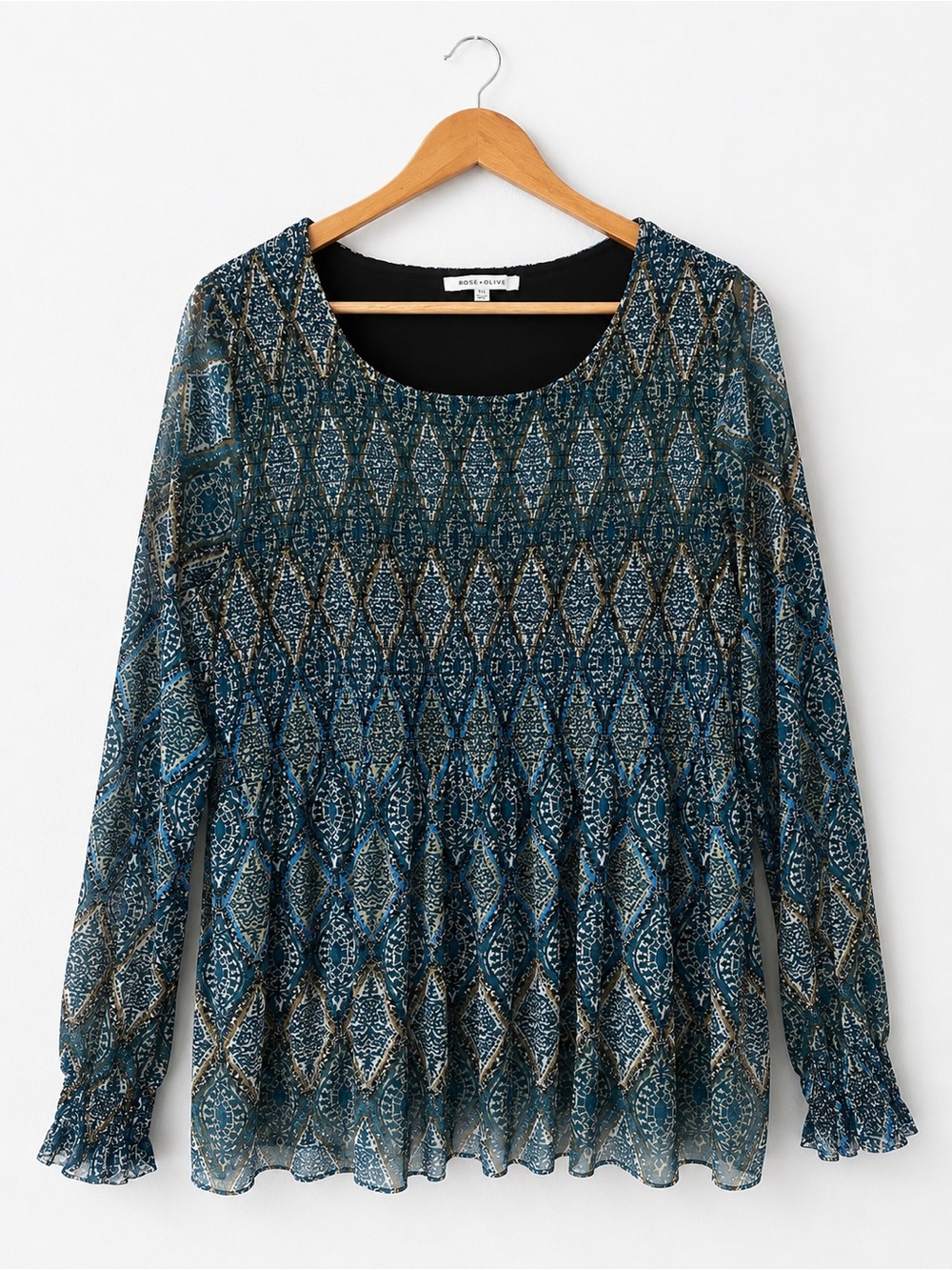 Rose + Olive Blue/Green Geometric Boho Stretch Mesh Layered Blouse - Size XL